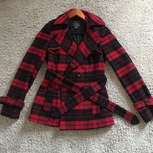 Forever 21 Red and Black Plaid Pea Coat